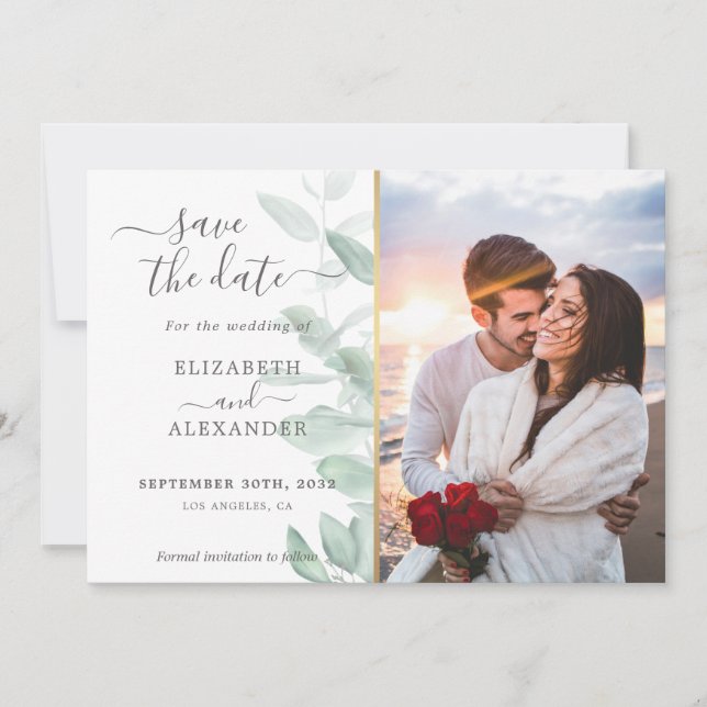 Elegantes modernes Eukalyptus-Foto Hochzeit Save The Date (Vorderseite)