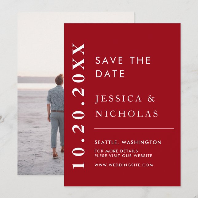 Elegantes, modernes Foto für Hochzeiten in Rot und Save The Date (Vorne/Hinten)
