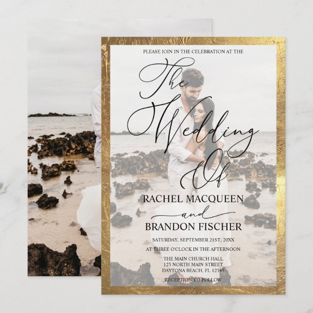 Elegantes, modernes Gold Gerahmt Couple Foto Hochz Einladung (Vorne/Hinten)