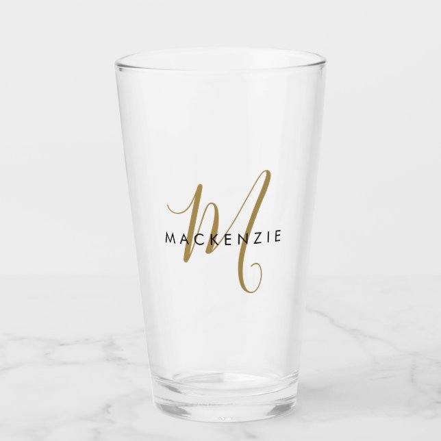 Elegantes, modernes Gold Script Monogram Glas (Vorderseite)