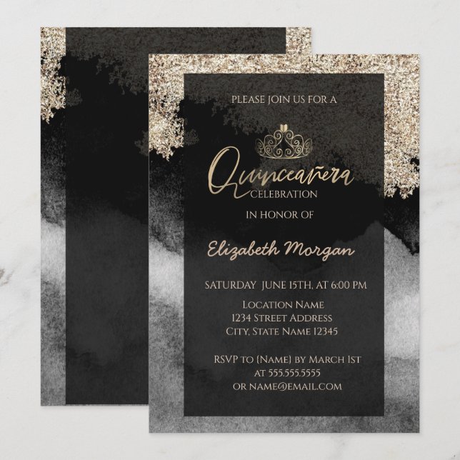 Elegantes modernes Gold Tiara, Marmor, Confetti Einladung (Vorne/Hinten)