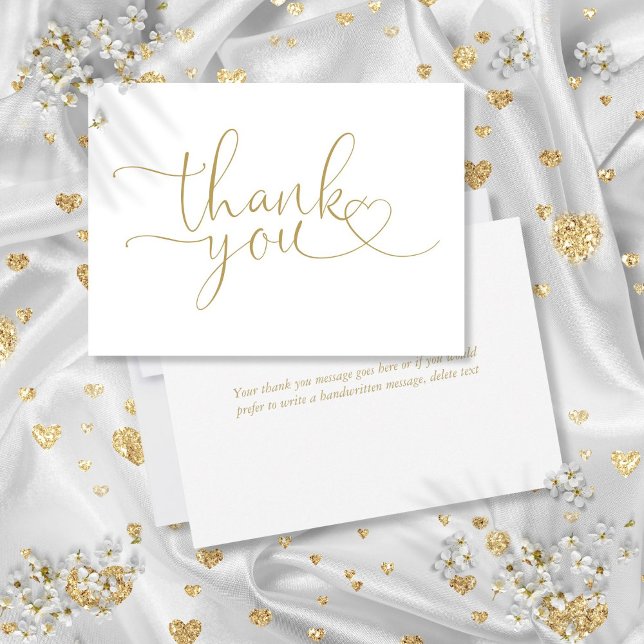 Elegantes, modernes Goldenes Herzbuch Dankeskarte (Elegant Modern Gold Heart Script Thank You Card)