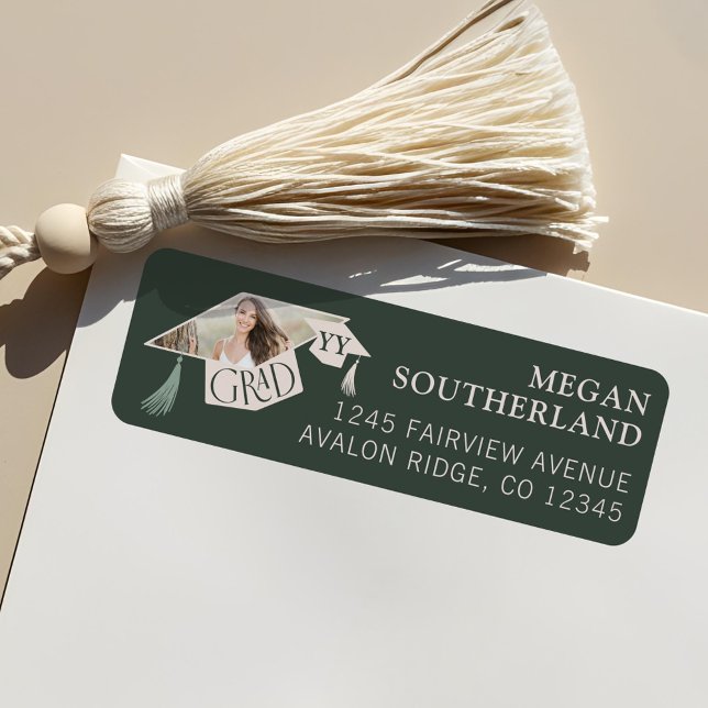 Elegantes modernes Grand Cap & Tassel Abschluss Fo (Elegant Modern Grad Cap & Tassel Graduation Photo Label)