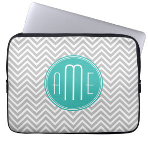Elegantes modernes graues Chevron und Mint-Monogra Laptopschutzhülle