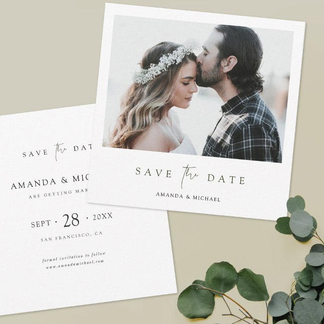 Elegantes, modernes Green Script-Foto Hochzeit Save The Date (Von Creator hochgeladen)