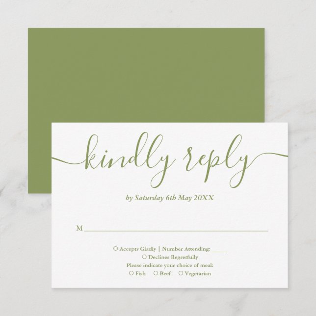 Elegantes, modernes, grünes Skript RSVP Karte (Vorne/Hinten)