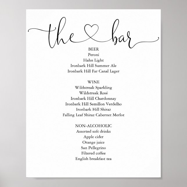 Elegantes, modernes Heart Script-Bar Menu Poster (Vorne)