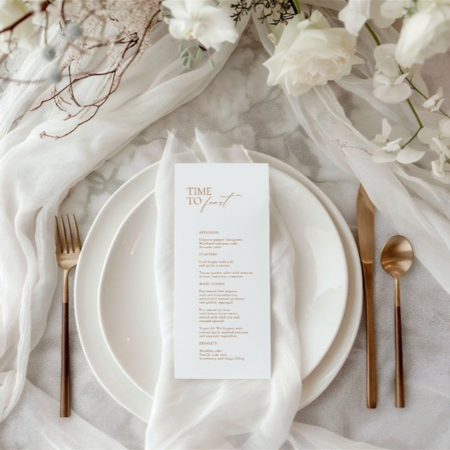 Elegantes, modernes Hochzeitsmenü "Time to Feast" Menükarte (Elegant White Modern "Time To Feast" Wedding Menu)