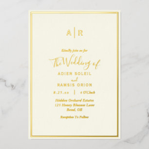 Elegantes, modernes Ivory Monogram Wedding Gold Folieneinladung