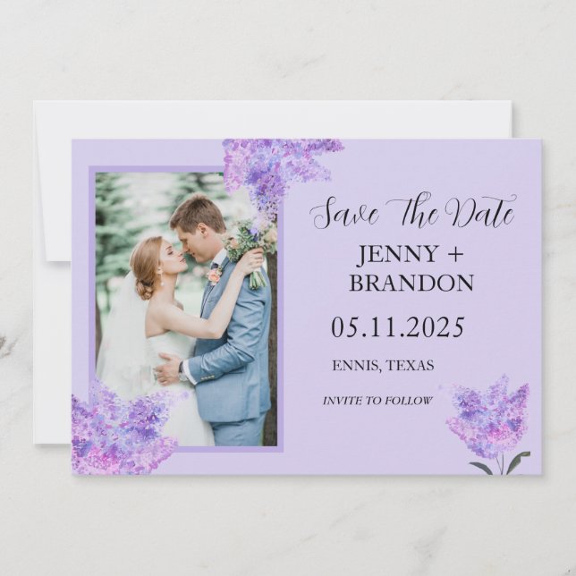 Elegantes modernes Lila Lilac Floral Foto Hochzeit Save The Date (Vorderseite)