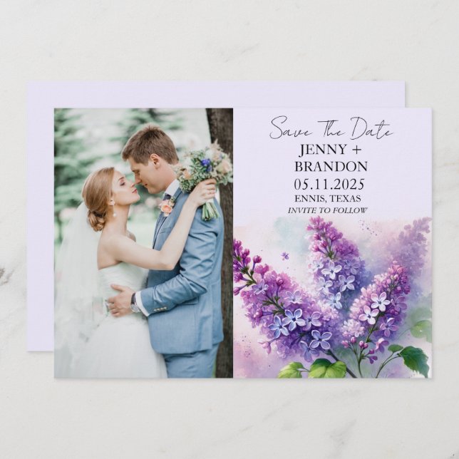 Elegantes modernes Lila Lilac Floral Foto Hochzeit Save The Date (Vorne/Hinten)
