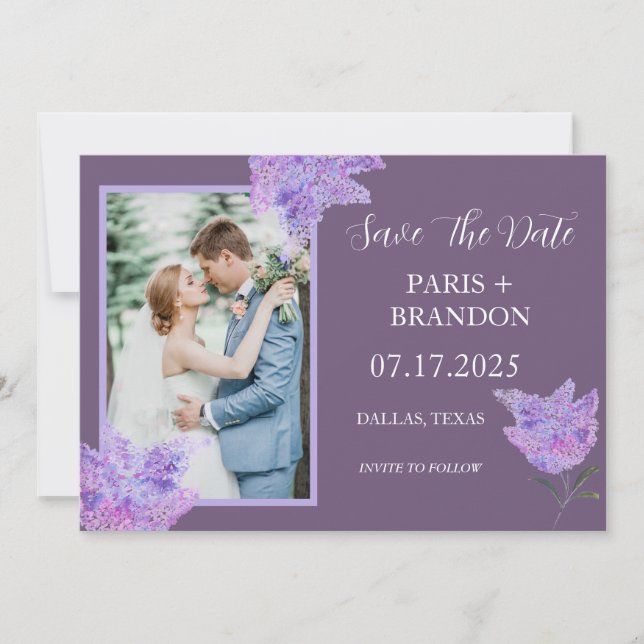 Elegantes modernes Lila Lilac Floral Foto Hochzeit Save The Date (Vorderseite)