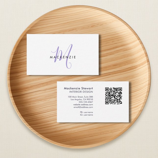 Elegantes modernes lila Schriftmonogramm QR-Code Visitenkarte (Von Creator hochgeladen)