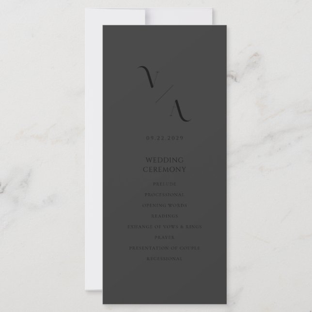 Elegantes, modernes Matte Black Wedding Programm (Vorderseite)