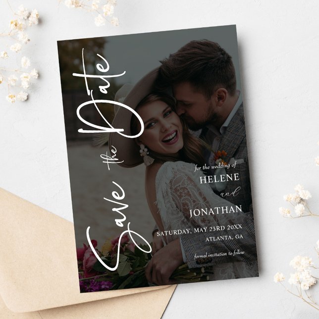 Elegantes modernes Minimalistisches Foto Save The Date (Photo Minimal Calligraphy Wedding Save The Date)