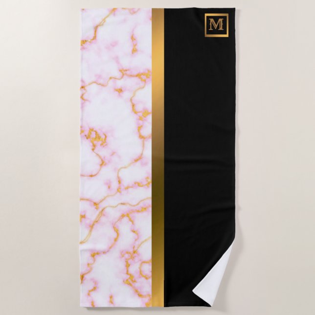 Elegantes, modernes Mit Monogramm Marmorschwarz Strandtuch (Vorderseite)