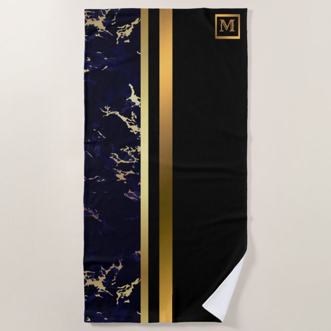 Elegantes, modernes Mit Monogramm Marmorschwarz Strandtuch (Vorderseite)