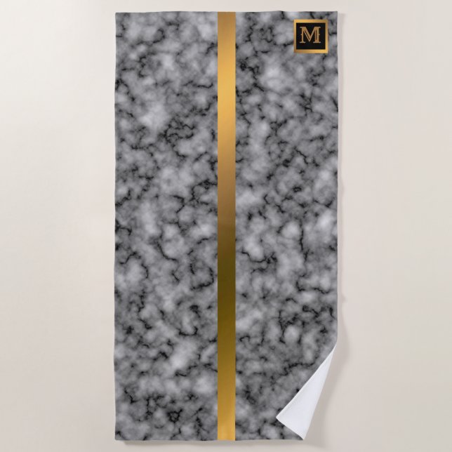 Elegantes, modernes Mit Monogramm Marmorschwarz Strandtuch (Vorderseite)