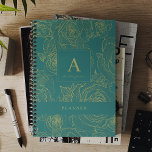 Elegantes modernes Monogramm und Name grün Planer<br><div class="desc">Stilvoller Luxus dunkelgrünen Smaragdgrün mit Monogramm 2025 Planer mit trendigen Imitaten Gold Kontur Blumenmotiv personalisiert mit Ihrem Namen und Text.</div>