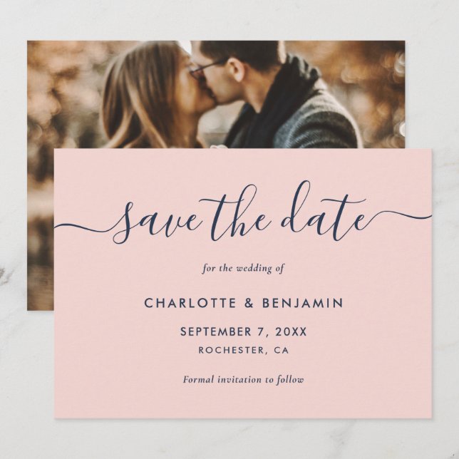 Elegantes modernes Navy Blue and Blush Foto Hochze Save The Date (Vorne/Hinten)