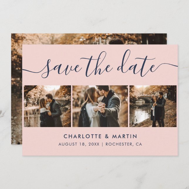 Elegantes, modernes Navy Blue and Blush Wedding 4  Save The Date (Vorne/Hinten)