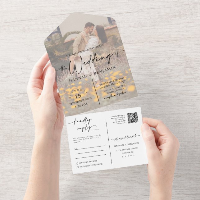 Elegantes modernes Peach Fizz Boho Arch QR Code Fo All In One Einladung (Abreißtisch)