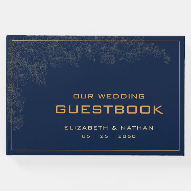 Elegantes, modernes Retro Gold Navy Blue Wedding Z Gästebuch (Vorderseite)