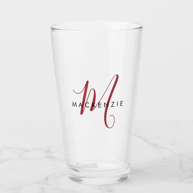 Elegantes, modernes Rotes Script Monogram Glas (Vorderseite)