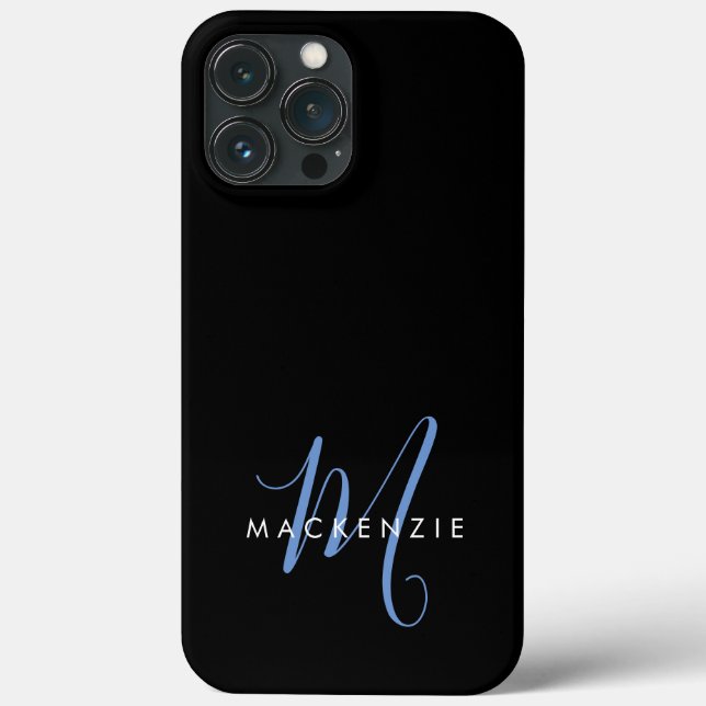 Elegantes, modernes Schwarz-Blau-Script-Monogramm Case-Mate iPhone Hülle (Rückseite)