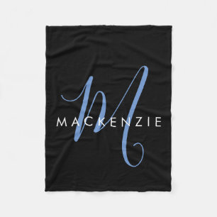 Elegantes, modernes Schwarz-Blau-Script-Monogramm Fleecedecke