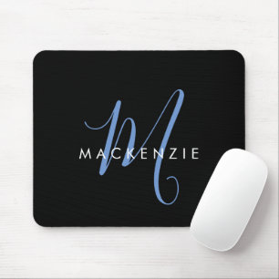 Elegantes, modernes Schwarz-Blau-Script-Monogramm Mousepad