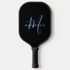 Elegantes, modernes Schwarz-Blau-Script-Monogramm Pickleball Schläger
