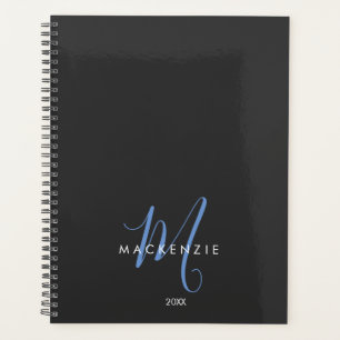 Elegantes, modernes Schwarz-Blau-Script-Monogramm Planer