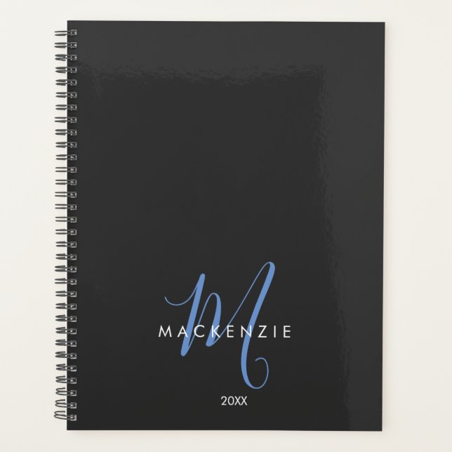 Elegantes, modernes Schwarz-Blau-Script-Monogramm Planer (Vorderseite)