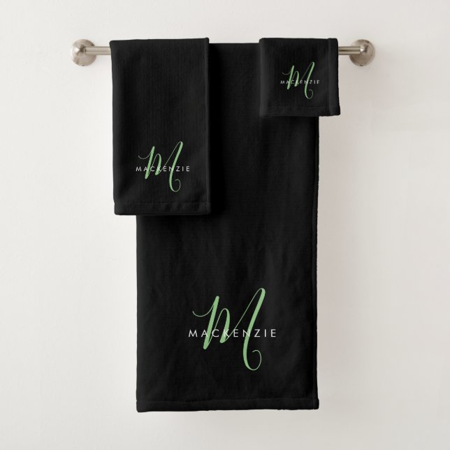 Elegantes, modernes Schwarz-Grün-Script-Monogramm Badhandtuch Set (Insitu)