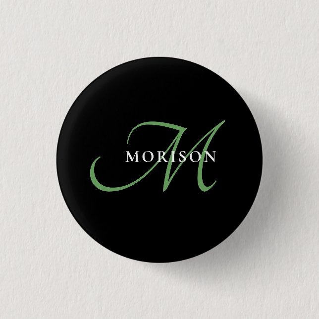 Elegantes, modernes Schwarz-Grün-Script-Monogramm Button (Vorderseite)