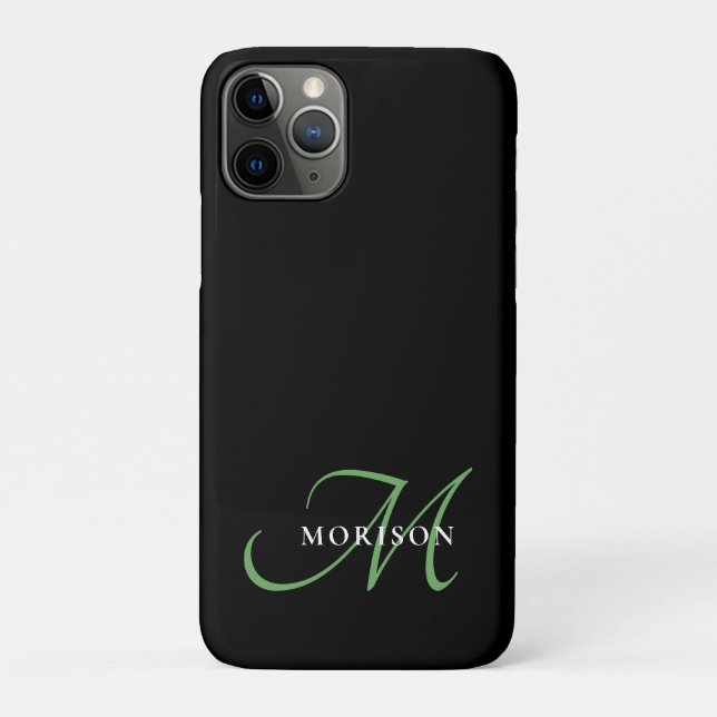 Elegantes, modernes Schwarz-Grün-Script-Monogramm Case-Mate iPhone Hülle (Rückseite)