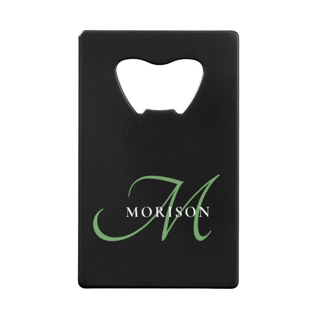 Elegantes, modernes Schwarz-Grün-Script-Monogramm Geldbeutel Flaschenöffner (Vorderseite)