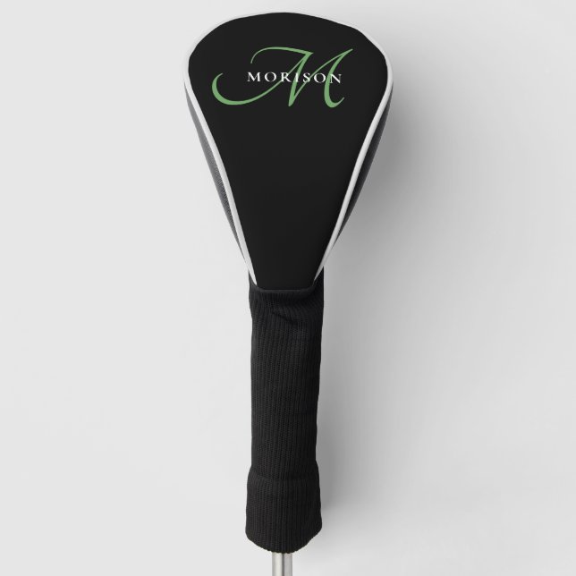 Elegantes, modernes Schwarz-Grün-Script-Monogramm Golf Headcover (Vorderseite)