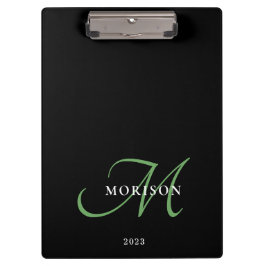 Elegantes, modernes Schwarz-Grün-Script-Monogramm Klemmbrett