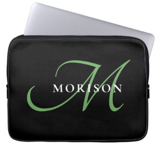 Elegantes, modernes Schwarz-Grün-Script-Monogramm Laptopschutzhülle