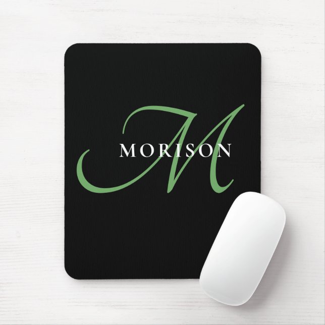 Elegantes, modernes Schwarz-Grün-Script-Monogramm Mousepad (Mit Mouse)