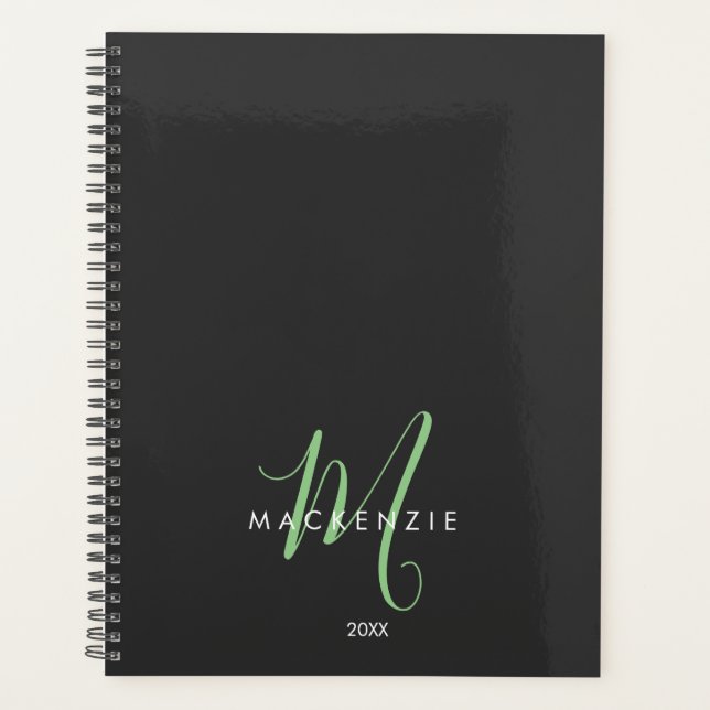 Elegantes, modernes Schwarz-Grün-Script-Monogramm Planer (Vorderseite)