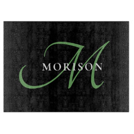 Elegantes, modernes Schwarz-Grün-Script-Monogramm Schneidebrett