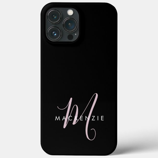 Elegantes, modernes Schwarz-Rosa-Script-Monogramm Case-Mate iPhone Hülle (Rückseite)