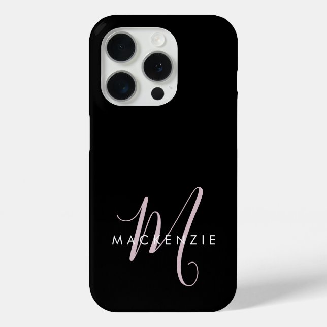 Elegantes, modernes Schwarz-Rosa-Script-Monogramm Case-Mate iPhone Hülle (Rückseite)