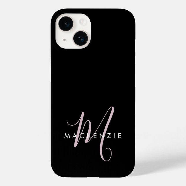 Elegantes, modernes Schwarz-Rosa-Script-Monogramm Case-Mate iPhone Hülle (Rückseite)