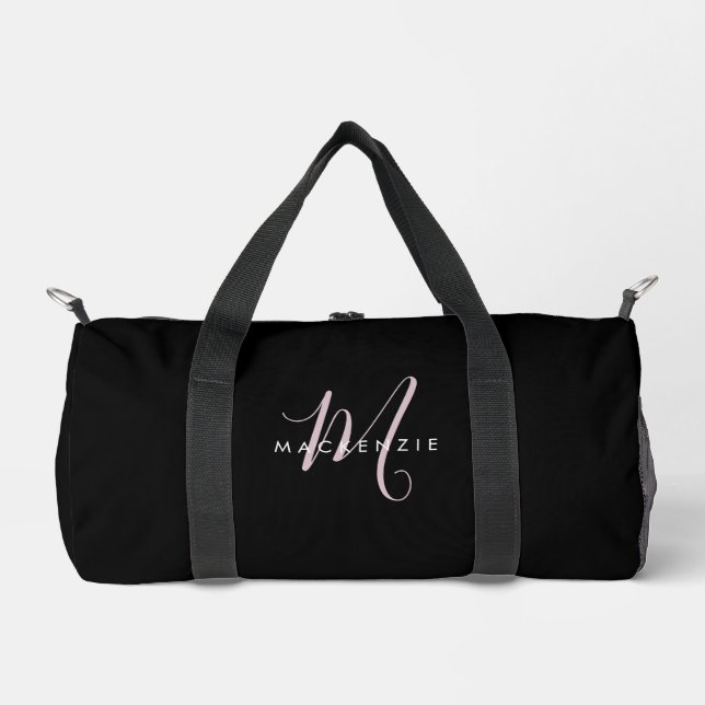 Elegantes, modernes Schwarz-Rosa-Script-Monogramm Duffle Bag (Vorderseite)