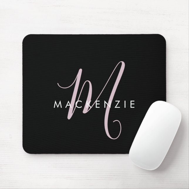 Elegantes, modernes Schwarz-Rosa-Script-Monogramm Mousepad (Mit Mouse)