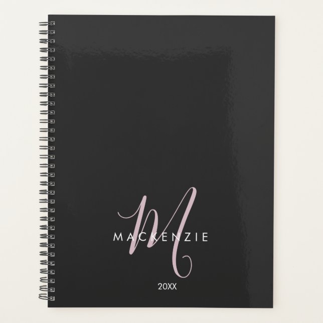 Elegantes, modernes Schwarz-Rosa-Script-Monogramm Planer (Vorderseite)